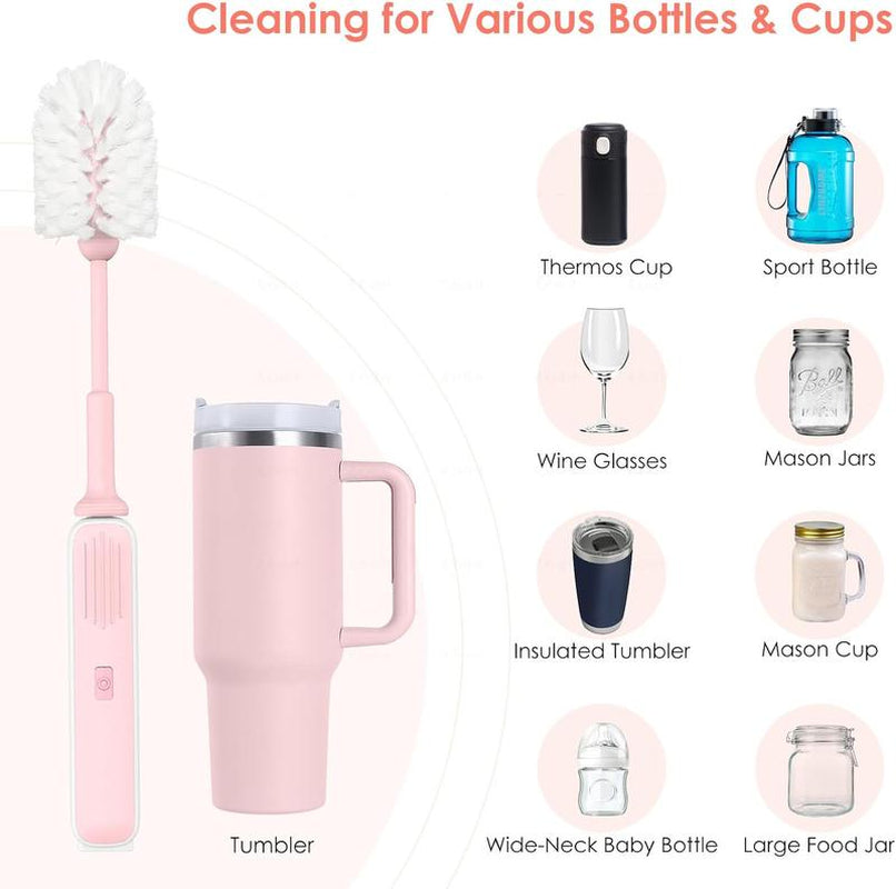 3-in-1 Electric Water Bottle Cleaning Brush Set with Long Handle, Straw Brush, and Kitchen Tool for Tumblers, Mugs, Glasses, Jars, and Stanley Cups